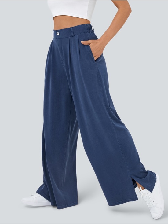 Pants - Halara High Waisted Pleated Wide Leg Pants Small Regular Blue Stretch NWOT